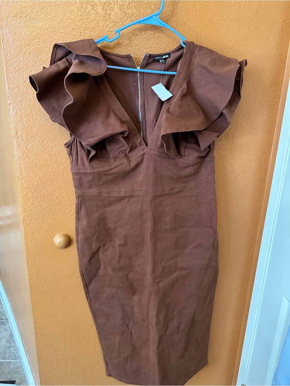 Fashion Nova Brown Ruffle-Sleeve Midi Dress